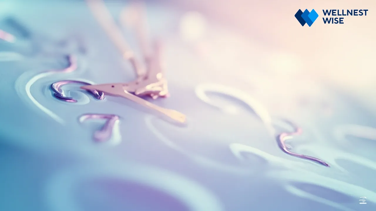 Artistic representation of a clock indicating evening time, with calming elements for a quick bedtime routine.