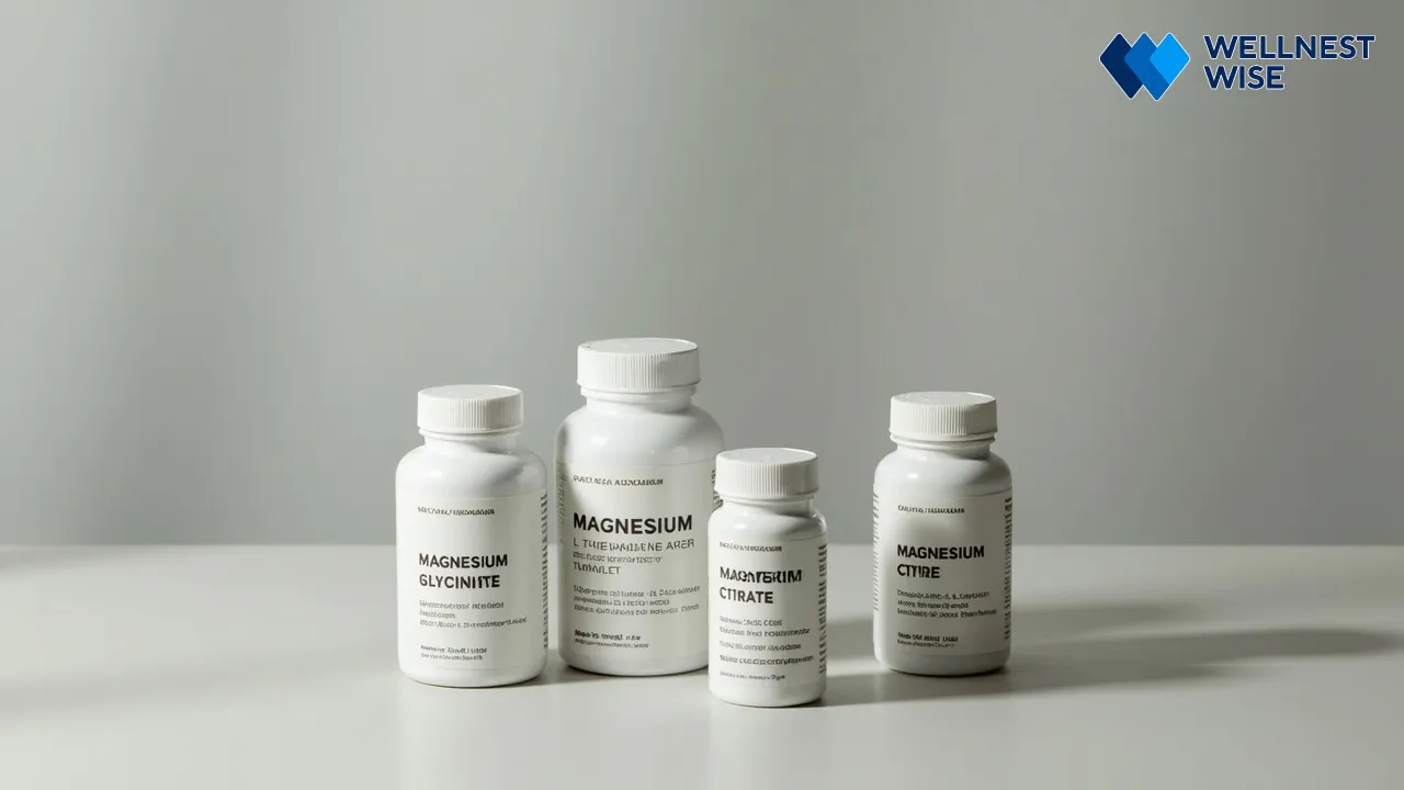 Various magnesium supplement bottles labeled Glycinate, L-Threonate, Citrate, representing different forms of magnesium for sleep.