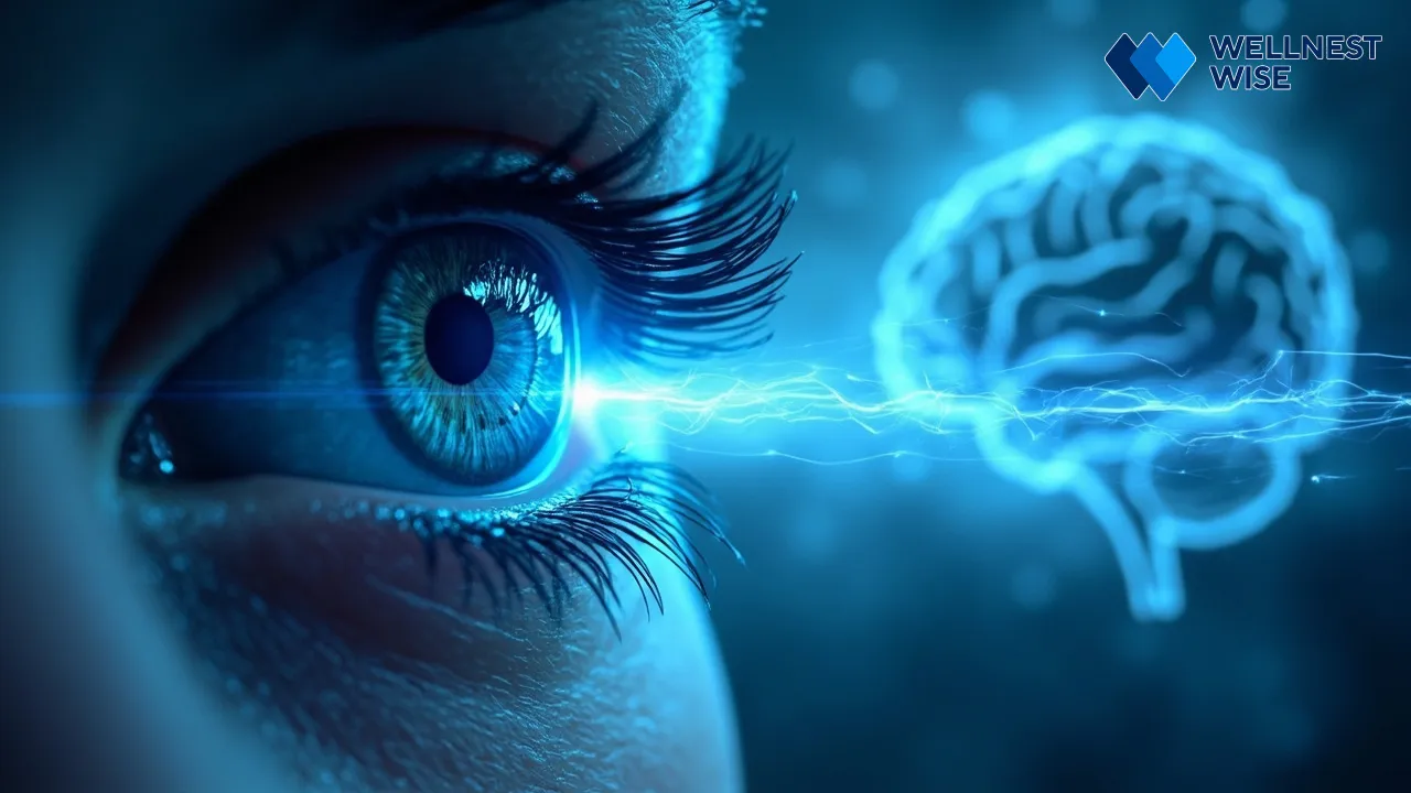 Blue light waves entering eye, connected to brain, symbolizing physiological impact on sleep.