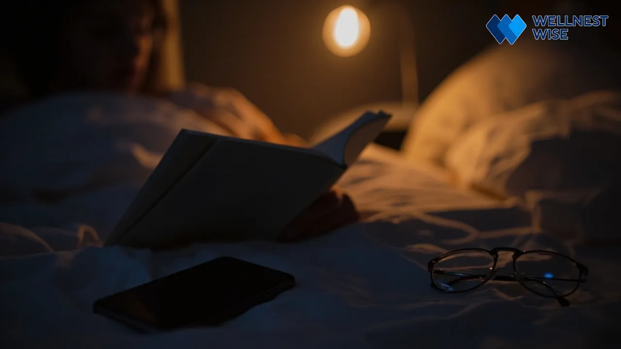 Person reading book with warm light, blue light blocking glasses on nightstand, symbolizing effective sleep hygiene.