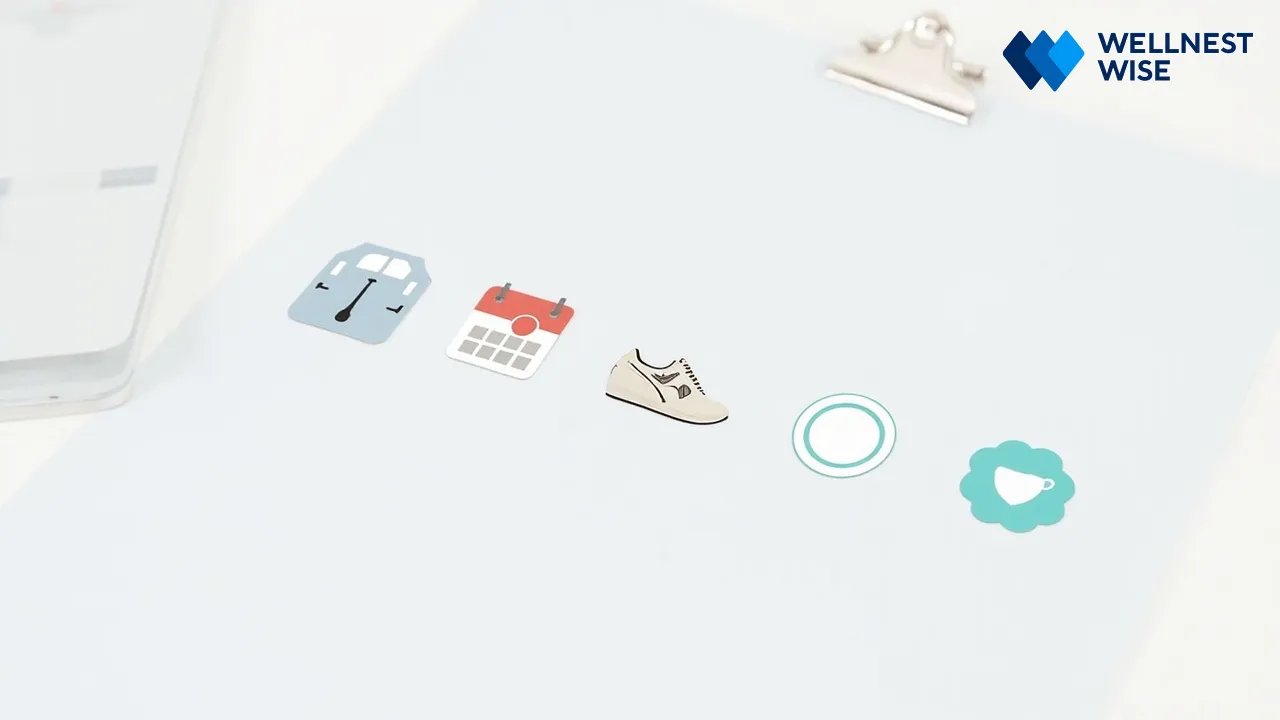 Icons representing inputs for a personalized weight loss estimator: current weight, activity, goals