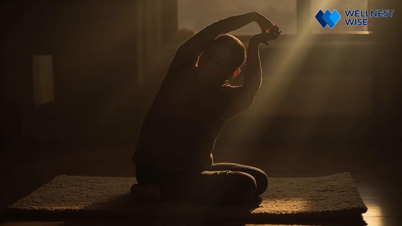 Person doing gentle yoga stretches for stress relief evening routine.