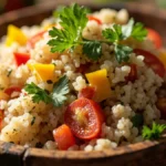 Cooked quinoa in a wooden bowl with fresh herbs and vegetables