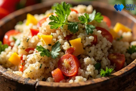 Cooked quinoa in a wooden bowl with fresh herbs and vegetables