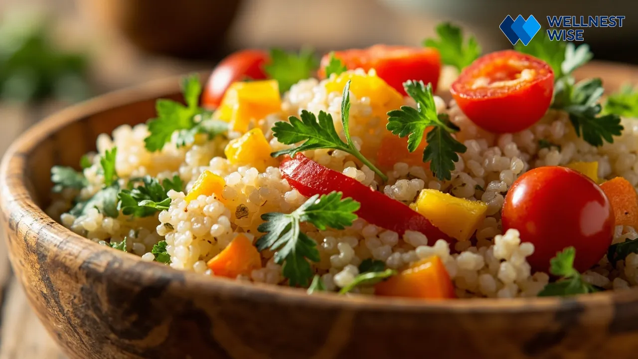Cooked quinoa in a wooden bowl with fresh herbs and vegetables