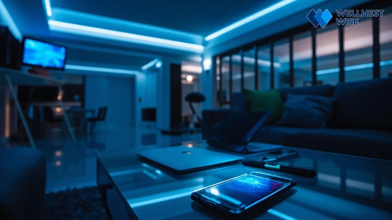 Digital screens (smartphone, laptop) and LED lighting emitting blue light in an evening home setting.