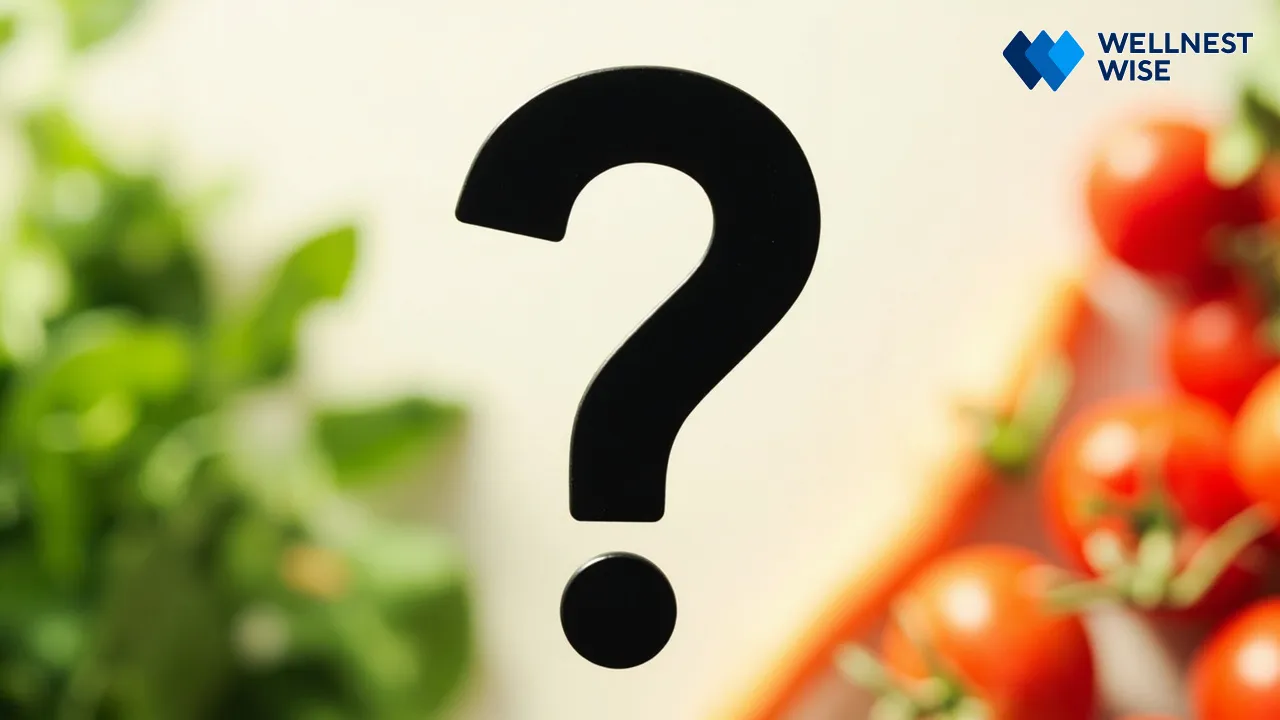 Question mark icon on healthy food background