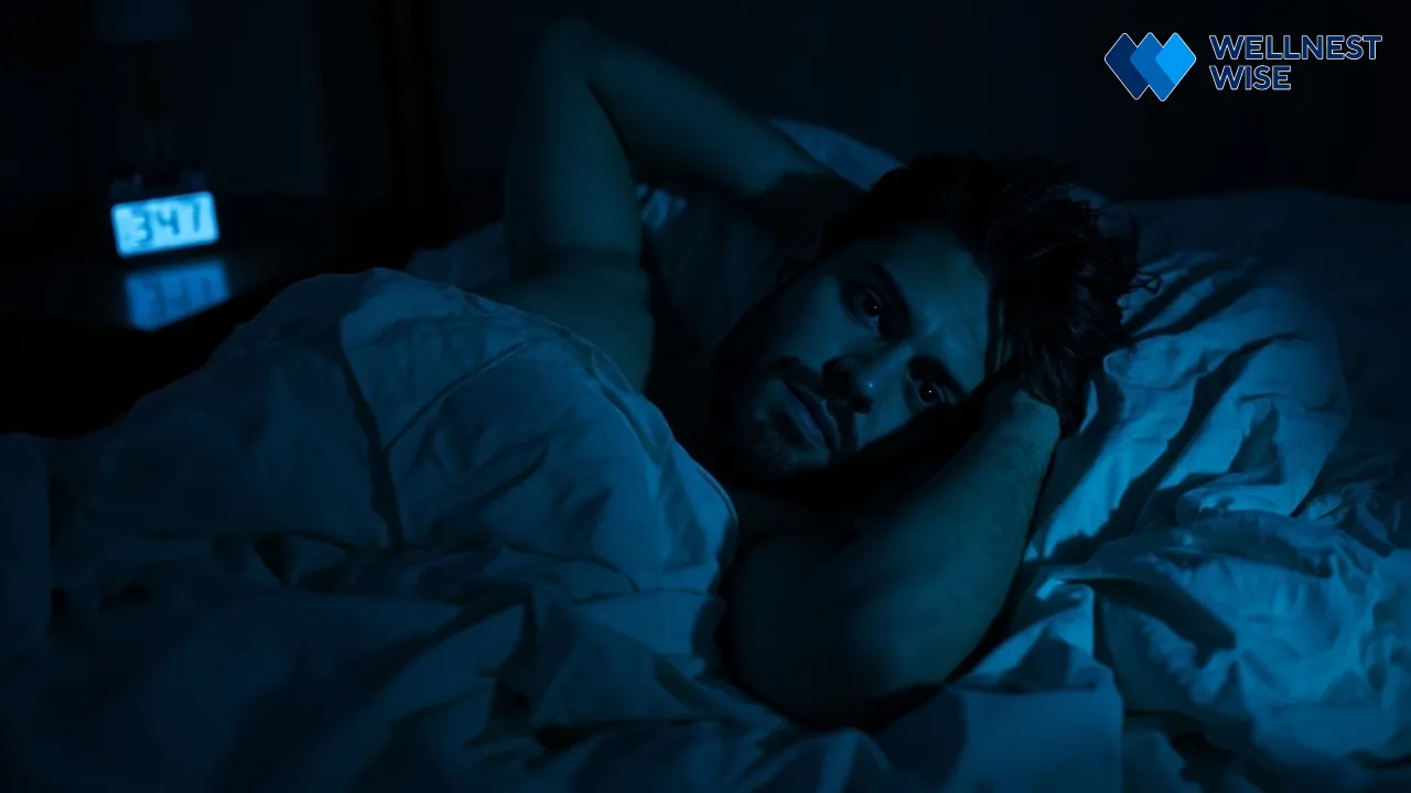 Person awake in bed looking at a clock, depicting intermittent fasting insomnia and restless sleep.