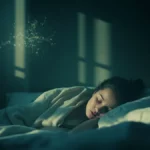 Person sleeping peacefully, with a subtle scientific overlay, representing the link between GLP-1 and improved sleep apnea.