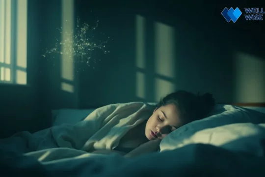 Person sleeping peacefully, with a subtle scientific overlay, representing the link between GLP-1 and improved sleep apnea.