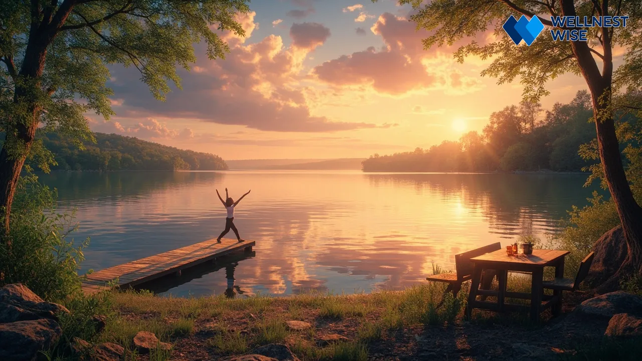 Sunrise/sunset over a calm landscape, representing balance and harmony in daily routines of intermittent fasting and sleep.