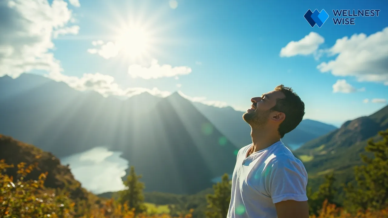 Individual embracing a holistic healthy lifestyle for improved longevity and vitality, showing a mindful approach to well-being.