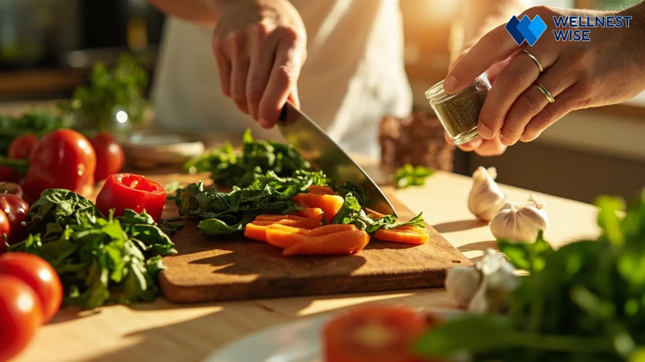 Hands preparing fresh vegetables in a kitchen, representing practical steps to reduce ultra-processed foods in daily diet.