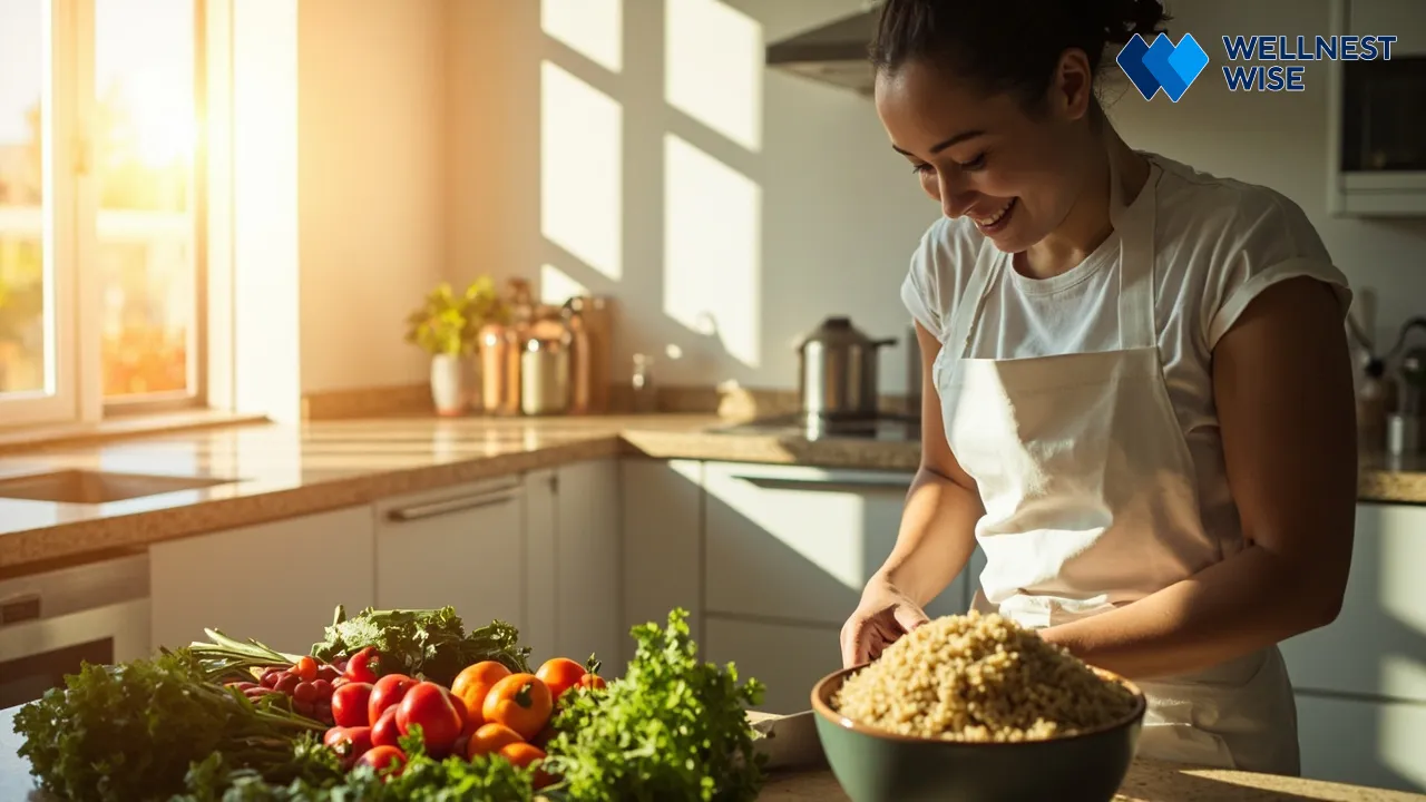 Person preparing healthy meal with quinoa in a kitchen