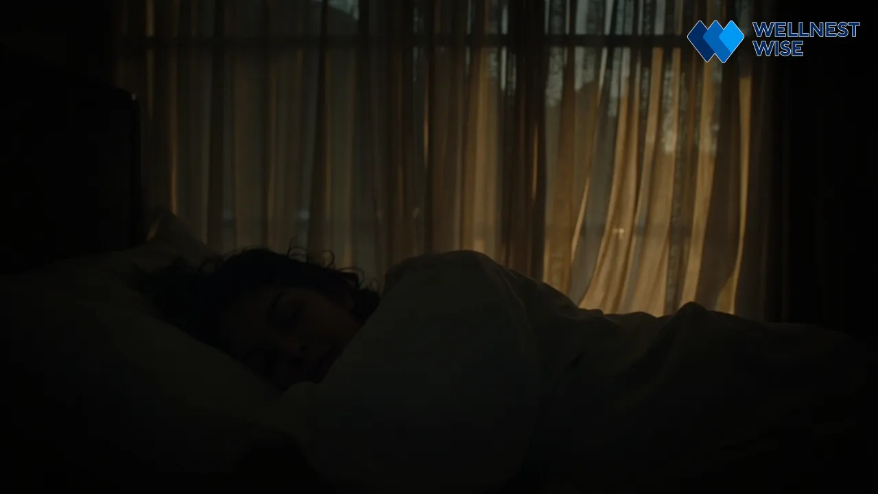 Person sleeping peacefully in a comfortable, dark bedroom with soft morning light, indicating quality rest.