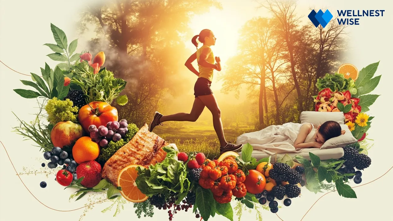 Collage representing a holistic approach to sustainable weight loss through healthy diet, regular exercise, and balanced lifestyle