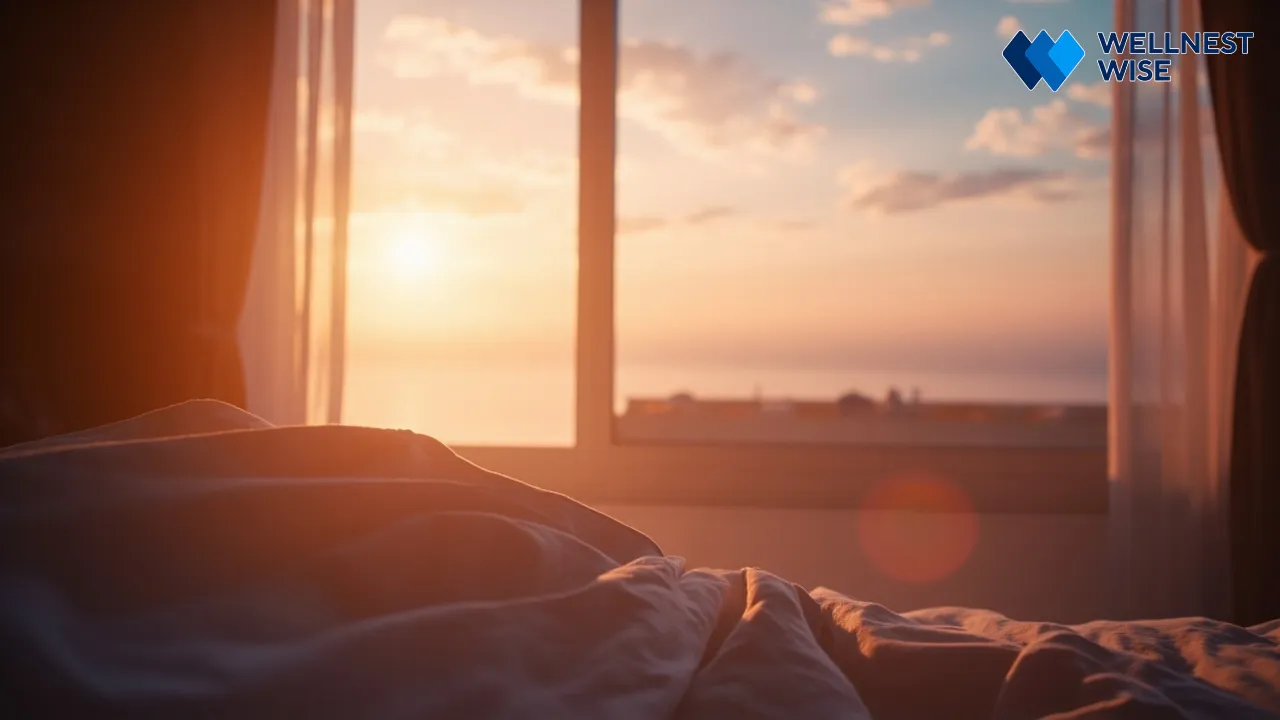 Sunrise from bedroom window, symbolizing the positive outcomes of consistent sleep hygiene tips.
