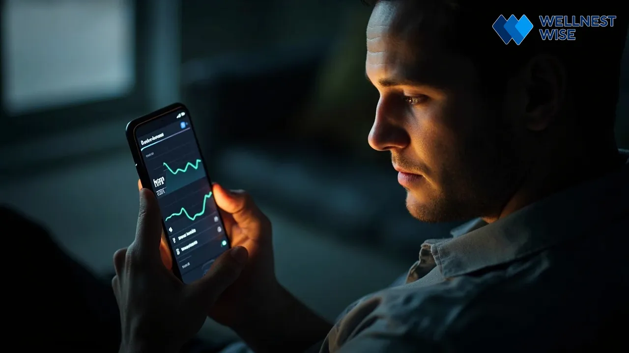 Individual analyzing Heart Rate Variability (HRV) data on a smartphone app for sleep insights