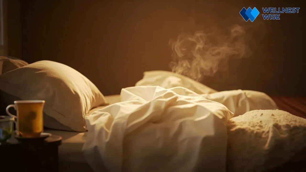 Calm, dark, and cool bedroom setting, representing ideal sleep hygiene practices for improved rest.