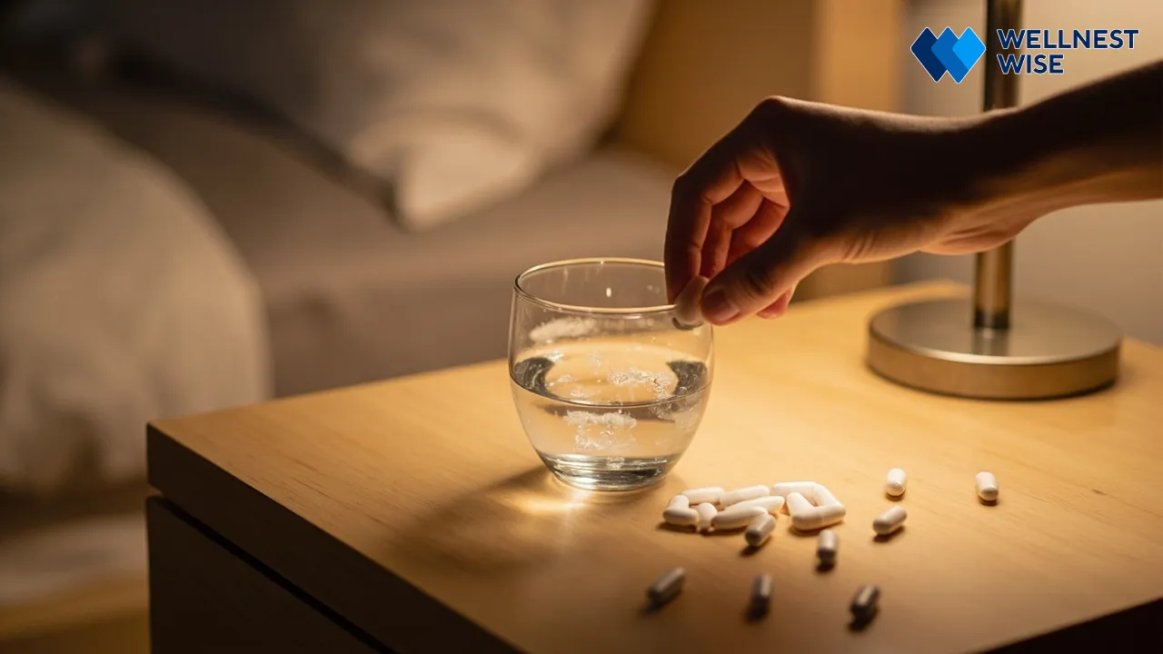 Hand placing a magnesium supplement capsule next to a glass of water on a bedside table, illustrating proper dosage and timing for sleep.