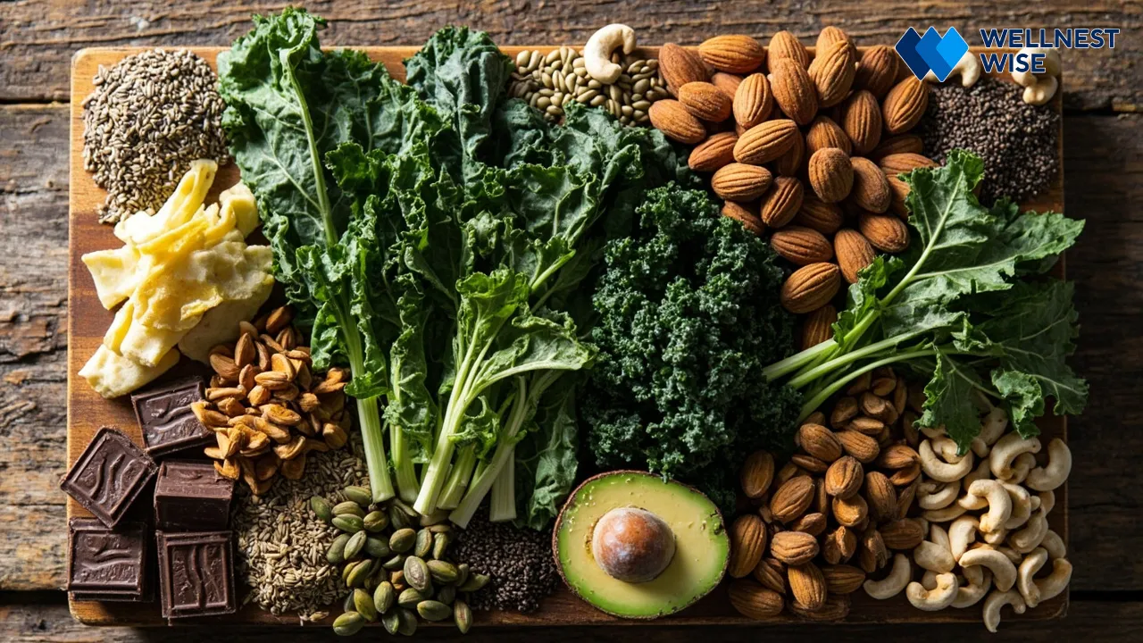Vibrant display of magnesium-rich foods including leafy greens, nuts, seeds, and dark chocolate, symbolizing natural dietary sources for sleep.