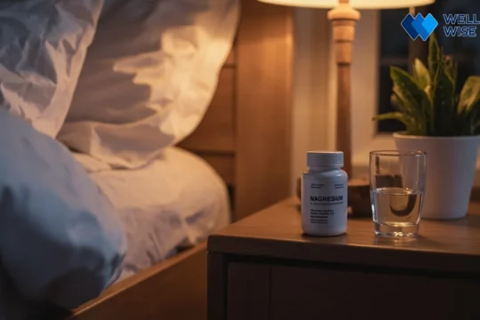 Bottle of magnesium supplements on a nightstand next to a glass of water in a calming bedroom setting, symbolizing natural sleep aid.