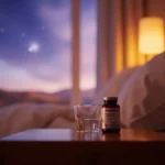 Melatonin bottle on a bedside table with a calm bedroom background