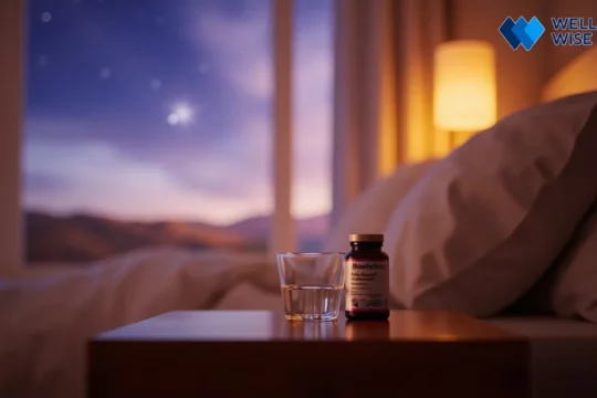Melatonin bottle on a bedside table with a calm bedroom background