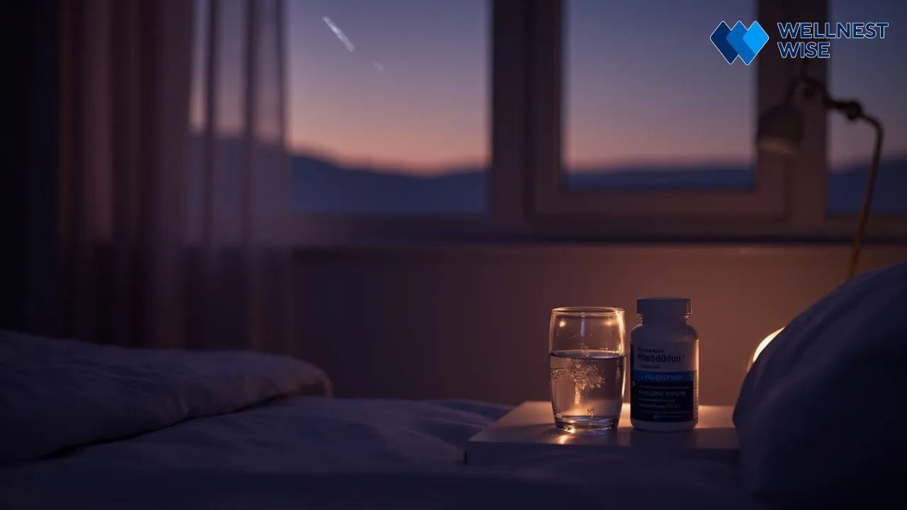 Melatonin bottle on a bedside table with a calm bedroom background