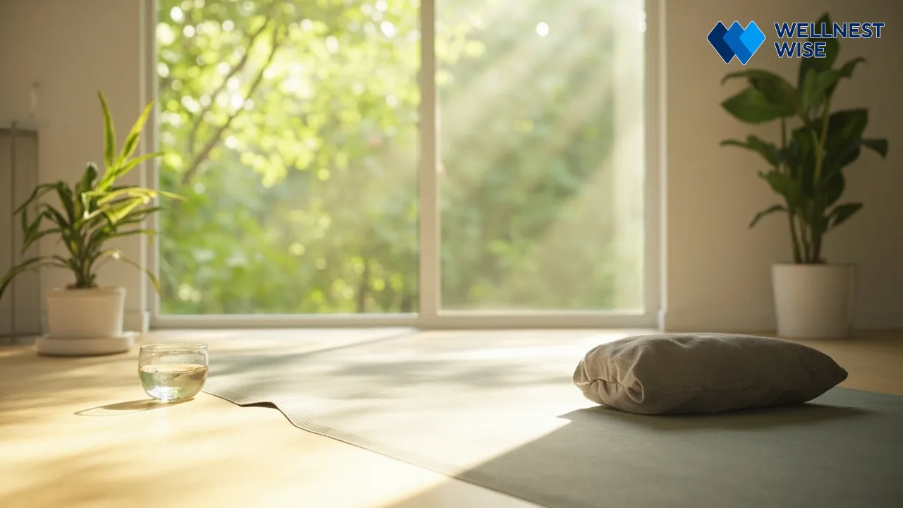 Yoga mat and meditation cushion in a tranquil room, representing mind-body practices for HRV and sleep