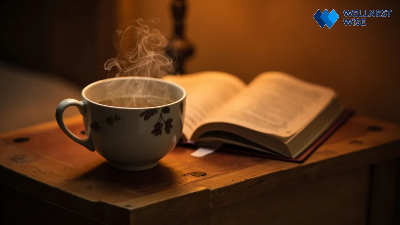 Herbal tea and book on a nightstand, symbolizing nutritional choices for a restful 30-minute nightly routine.