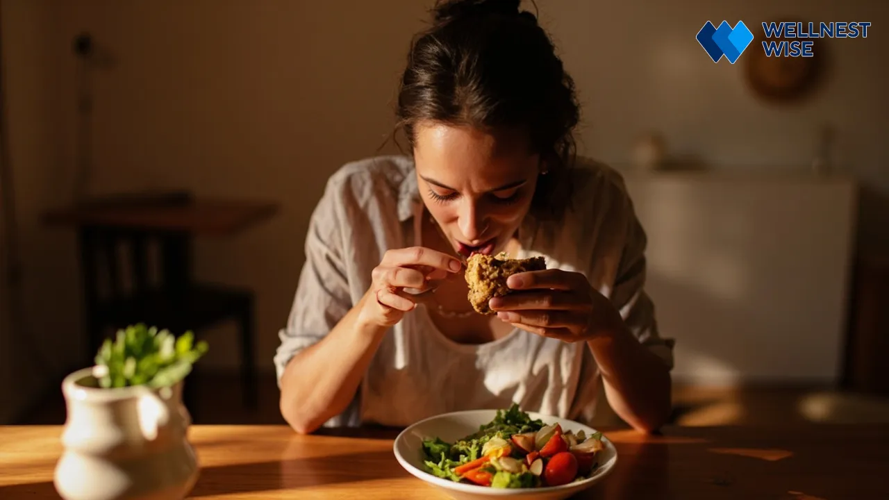 Person mindfully eating a healthy meal, demonstrating strategies for an optimal eating window and improve sleep fasting.