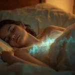Person sleeping peacefully with subtle overlay of Heart Rate Variability (HRV) data