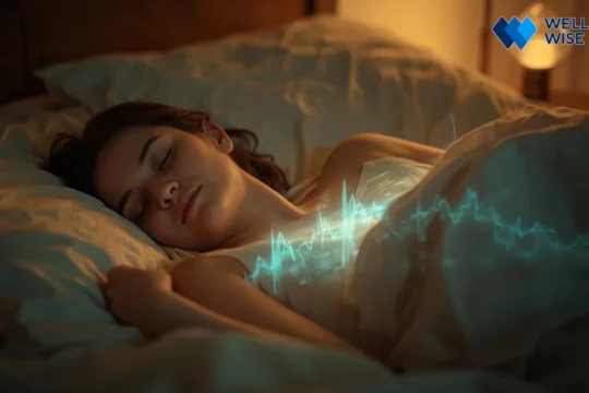 Person sleeping peacefully with subtle overlay of Heart Rate Variability (HRV) data