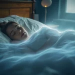 Person sleeping peacefully under a cozy blanket, with an invisible, gentle aura representing white noise creating a tranquil sleep environment.
