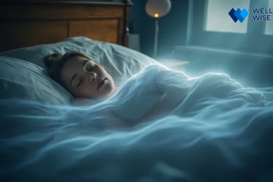 Person sleeping peacefully under a cozy blanket, with an invisible, gentle aura representing white noise creating a tranquil sleep environment.