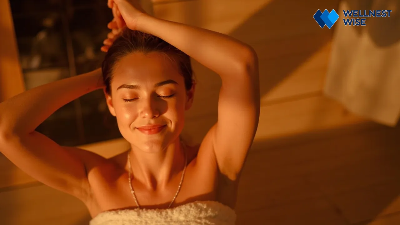 Person relaxing and stretching after a sauna session, feeling refreshed