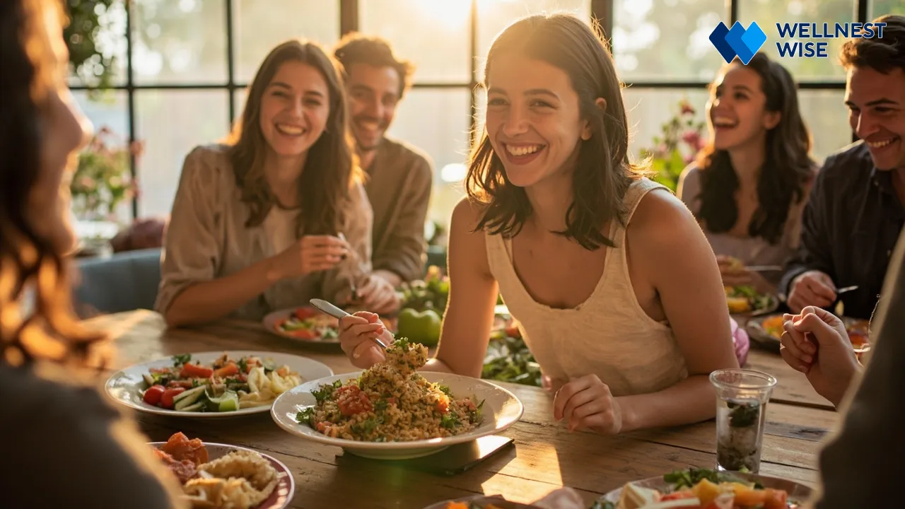 Diverse group enjoying healthy meals with quinoa