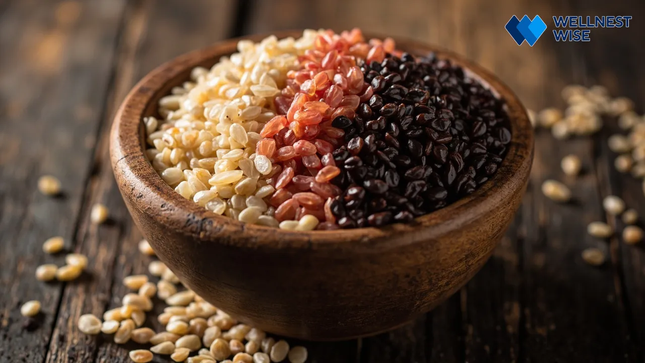 Raw quinoa grains in a wooden bowl
