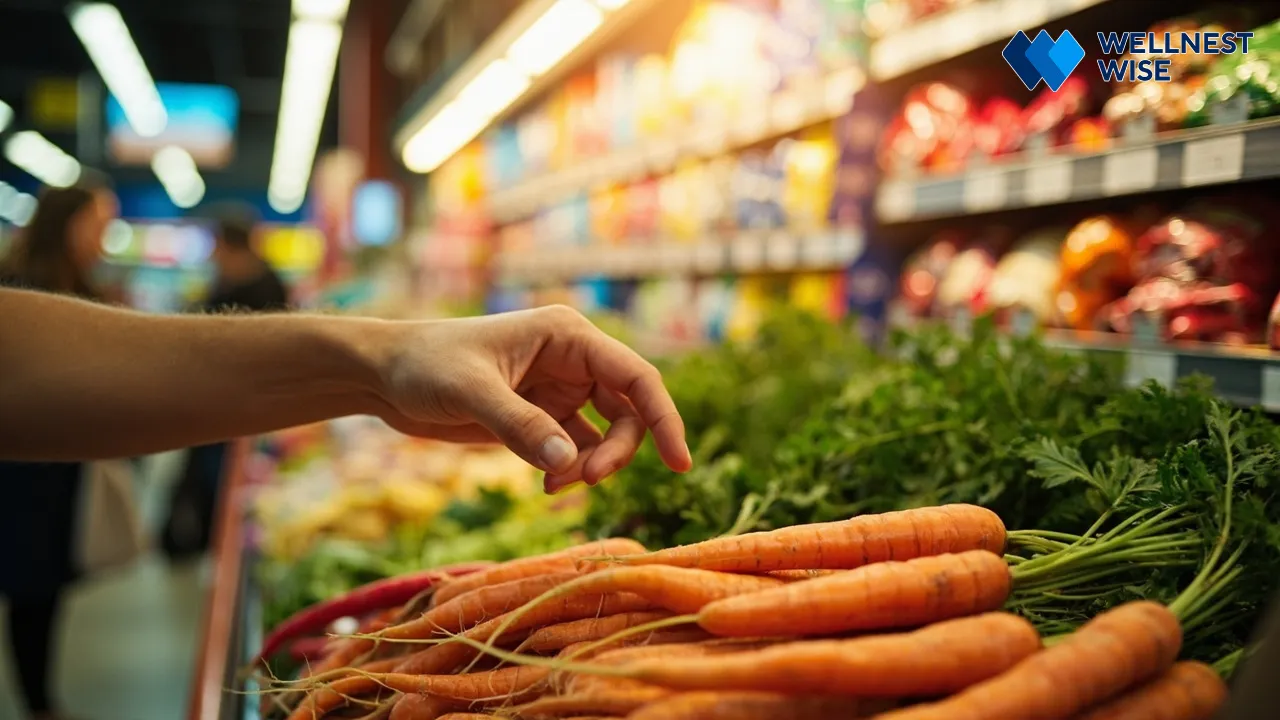 Hand choosing fresh produce over packaged ultra-processed foods in a grocery store, representing mindful food selection.