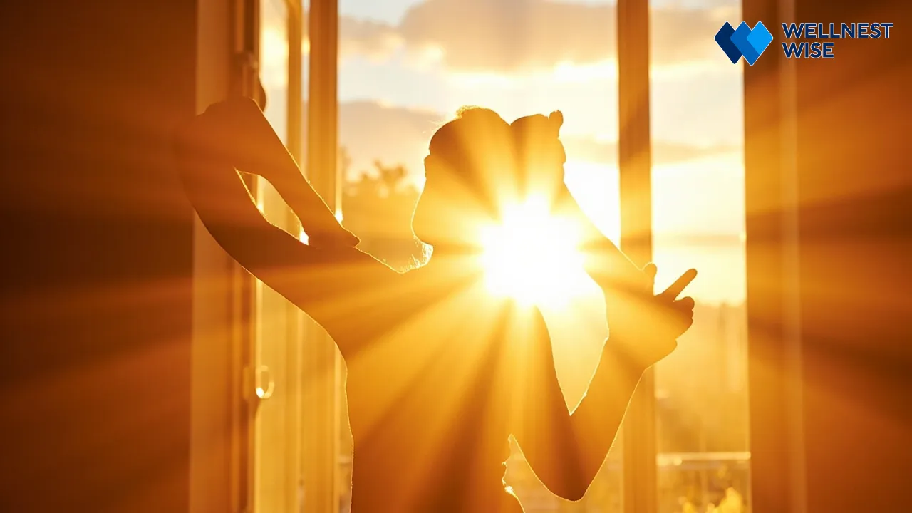 Person stretching by window at sunrise, looking refreshed and energetic after a good night’s sleep.
