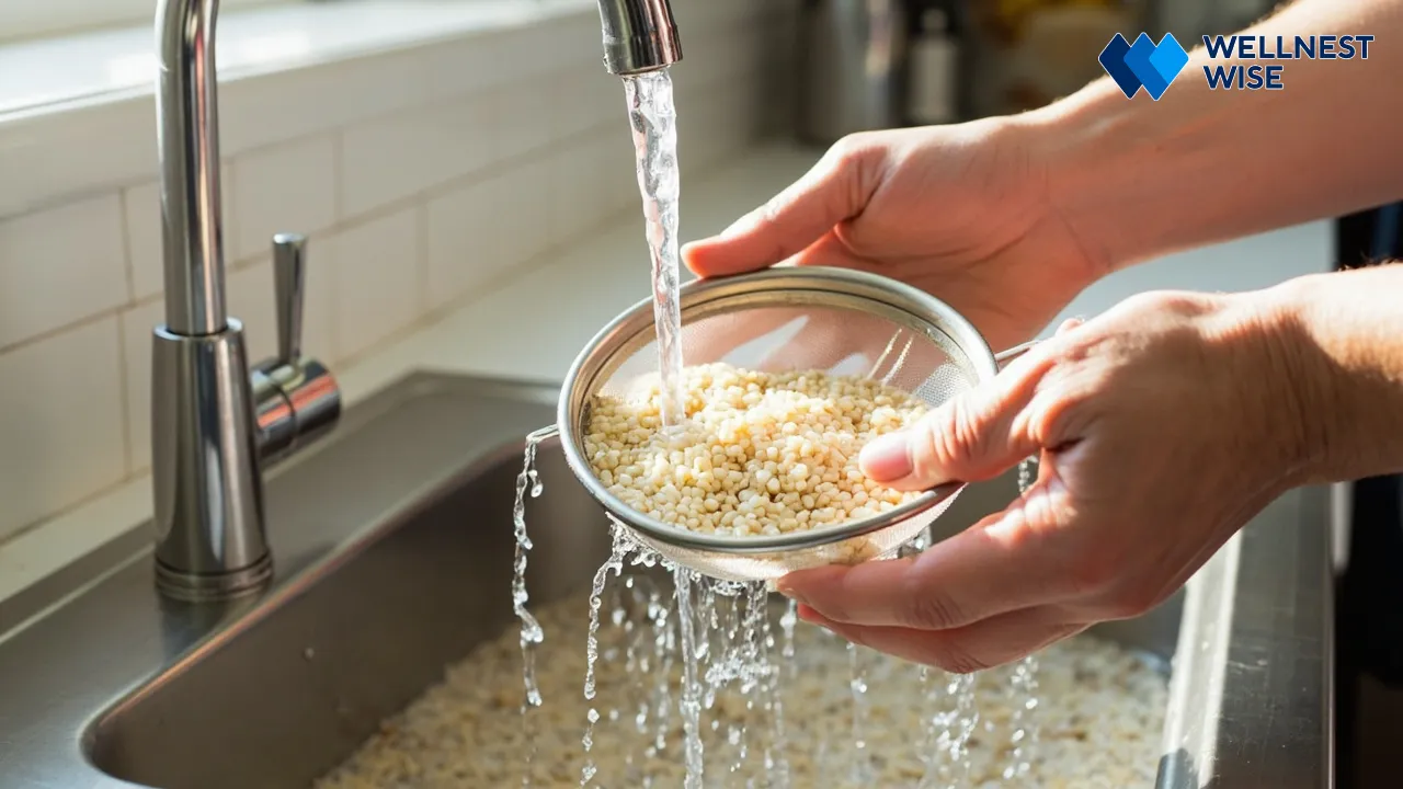 Hands rinsing quinoa in a sieve