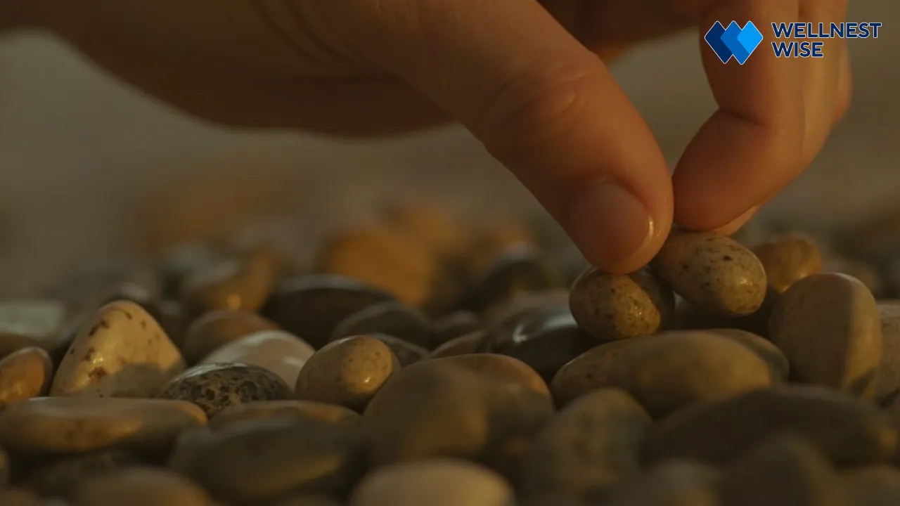 Hand placing a stone, representing consistent habit building for a sleep prep routine.
