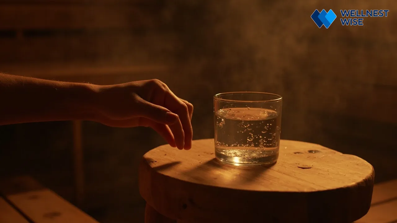 Hand reaching for water inside a sauna, emphasizing hydration and safety