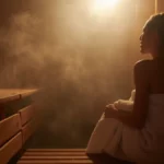 Person relaxing peacefully in a steamy, dimly lit sauna for better sleep
