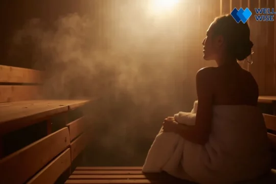 Person relaxing peacefully in a steamy, dimly lit sauna for better sleep
