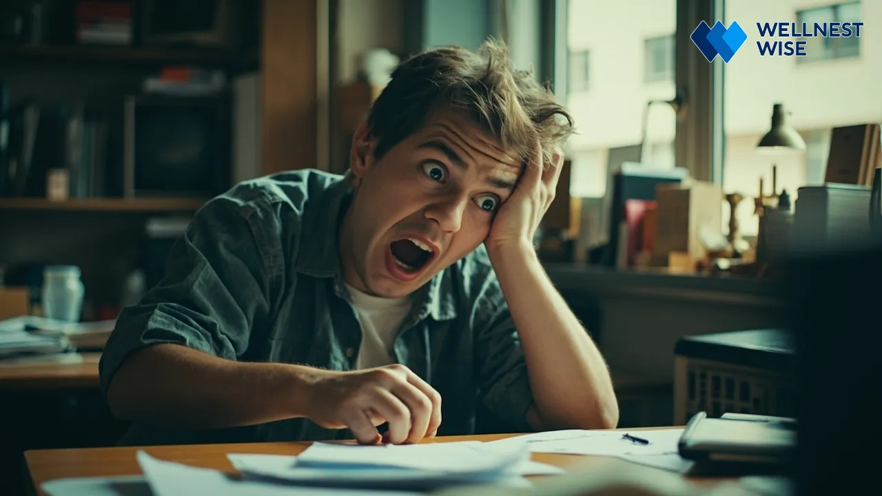 Person yawning at a desk, indicating fatigue and lack of sleep during daytime.