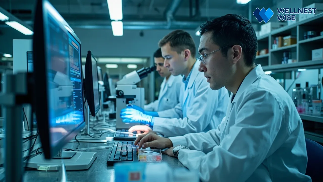 Scientists conducting research in a lab, symbolizing ultra-processed food clinical trials and the analysis of health effects.