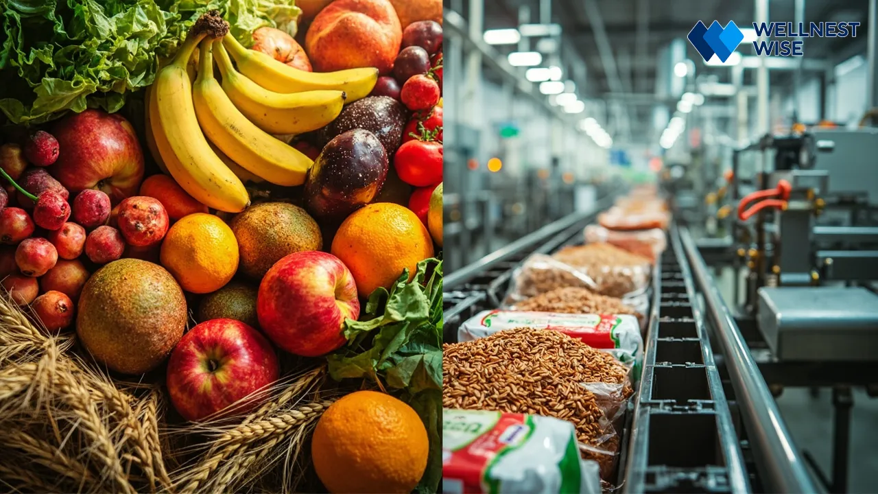 Visual contrast between whole food ingredients and industrial ultra-processed food production, illustrating food processing levels.