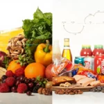 Comparison of whole foods versus ultra-processed foods, symbolizing a future scientific study on their health effects.